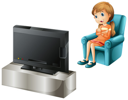 Illustration of a young girl watching TV happily on a white backgroundのイラスト素材