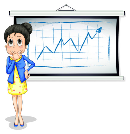 Illustration of a businesswoman thinking in front of the whiteboard on a white backgroundのイラスト素材