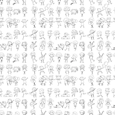 Illustration of a seamless design with playful kids on a white backgroundのイラスト素材