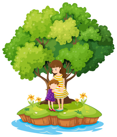 Illustration of an island with a mother and a daughter on a white backgroundのイラスト素材