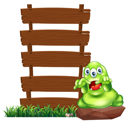 Illustration of a monster above the rock beside the empty wooden signboards on a white backgroundのイラスト素材