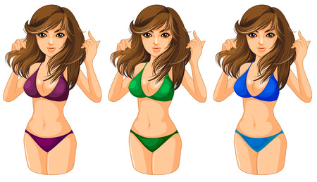 Illustration of the three ladies wearing a swimwear on a white backgroundのイラスト素材