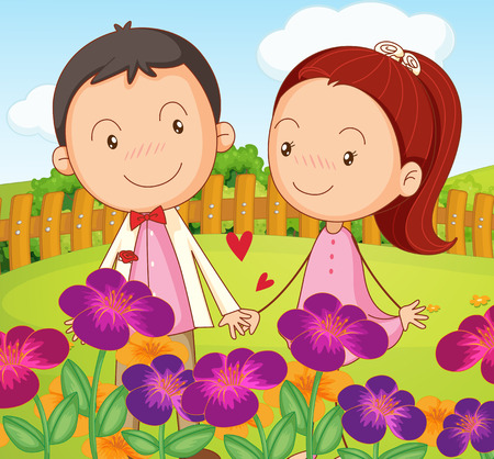 Illustration of a sweet couple at the garden in the hilltopのイラスト素材