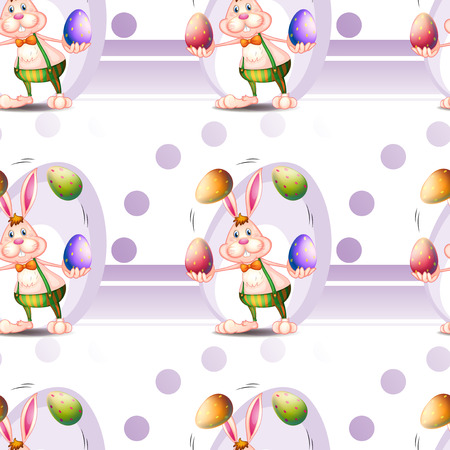 Illustration of a seamless design with a bunny and Easter eggs on a white backgroundのイラスト素材