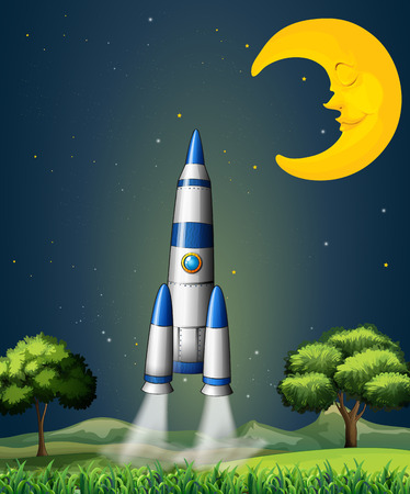 Illustration of a rocket going to the sky with a sleeping moonのイラスト素材