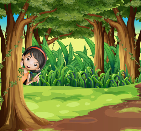 Illustration of a young girl hiding at the forestのイラスト素材