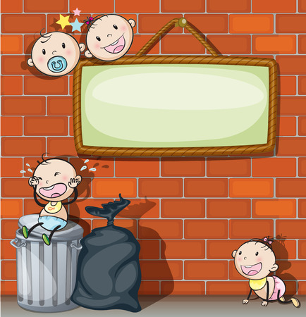 Illustration of a hanging empty signboard with infantsのイラスト素材