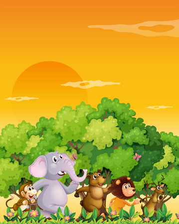 Illustration of a group of animals walking at the forestのイラスト素材