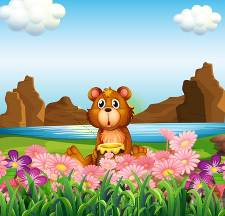 Illustration of a cute bear near the flowers at the riverbankのイラスト素材