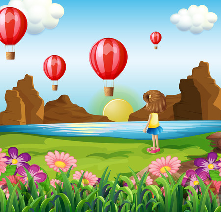 Illustration of a girl watching the floating balloonsのイラスト素材