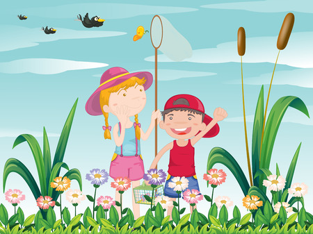 Illustration of the two kids catching the butterfliesのイラスト素材
