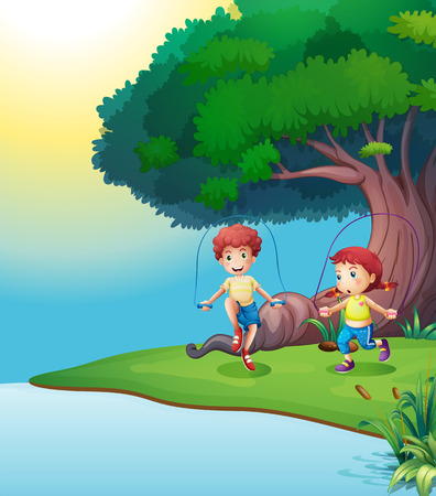 Illustration of a boy and a girl playing near the giant treeのイラスト素材