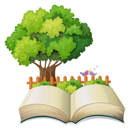 Illustration of an empty open book and a tree with a fence on a white backgroundのイラスト素材