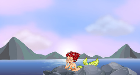 Illustration of a young mermaid near the rocks at the seasideのイラスト素材