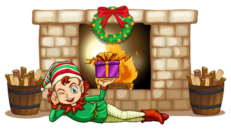 Illustration of an elf in front of the fireplace on a white backgroundのイラスト素材