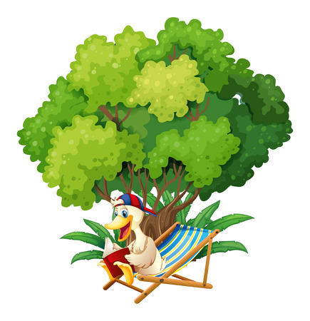 Illustration of a duck reading under the tree on a white backgroundのイラスト素材