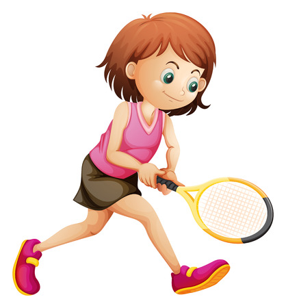Illustration of a cute little girl playing tennis on a white backgroundのイラスト素材