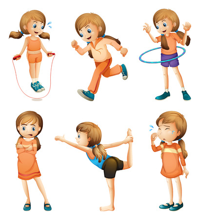 Illustration of a young girl doing her daily routine on a white backgroundのイラスト素材