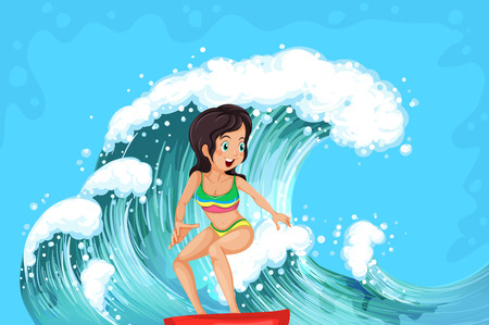 Illustration of a brave girl surfingのイラスト素材