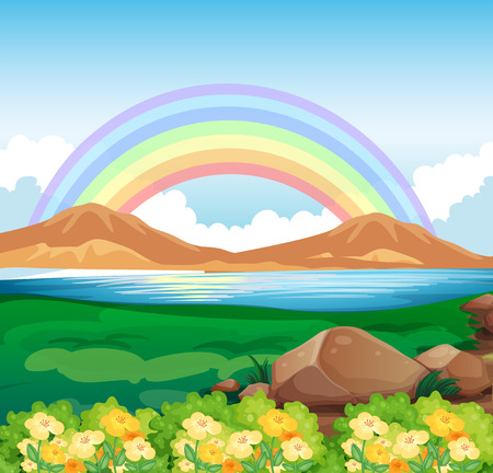 Illustration of a view of the rainbow and the beautiful natureのイラスト素材