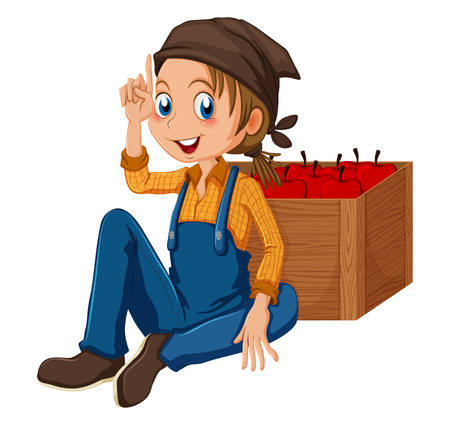 Illustration of a young gardener sitting beside the box on a white backgroundのイラスト素材