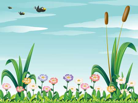 Illustration of a garden with fresh flowers and the birds in the skyのイラスト素材