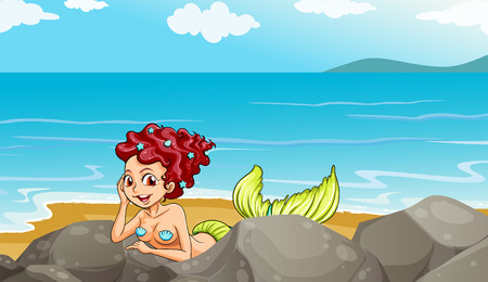 Illustration of a mermaid at the seashore near the rocksのイラスト素材