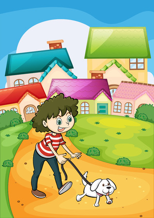 Illustration of a lady strolling with her white puppyのイラスト素材