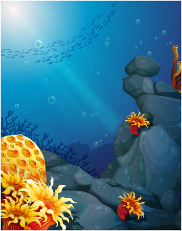 Illustration of the corals near the rocks and the school of fishのイラスト素材