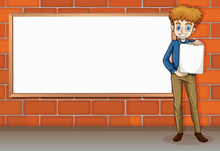 Illustration of a tall businessman standing beside the empty whiteboardのイラスト素材