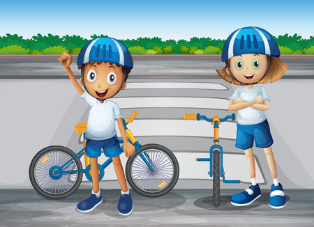 Illustration of a girl and a boy with their bikes standing near the pedestrian laneのイラスト素材
