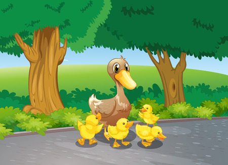 Illustration of a mother duck and her ducklings at the roadのイラスト素材