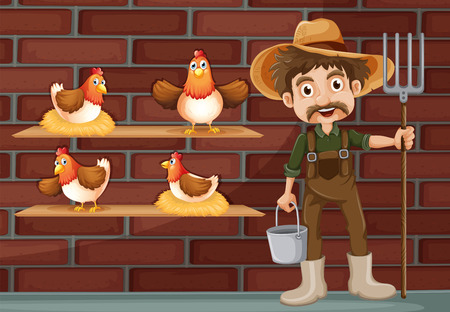 Illustration of a farmer beside the four hensのイラスト素材