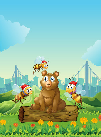 Illustration of a big bear above the log with three beesのイラスト素材