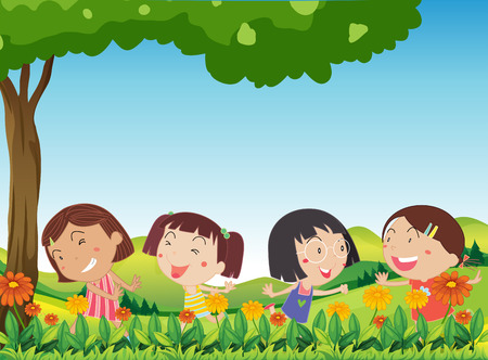 Illustration of the happy kids playing outdoor near the blooming flowersのイラスト素材