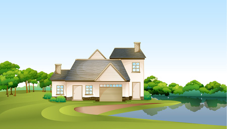 Illustration of a big house at the forest near the riverのイラスト素材