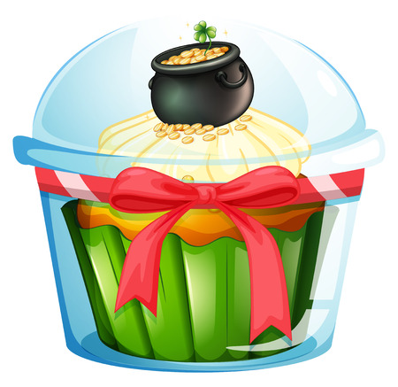 Illustration of a cupcake with a pot of coins on a white backgroundのイラスト素材