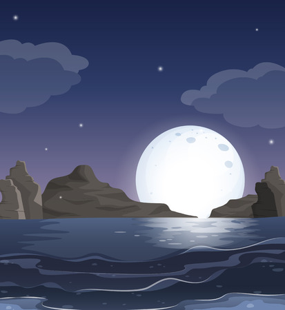 Illustration of a view of the ocean in the middle of the nightのイラスト素材