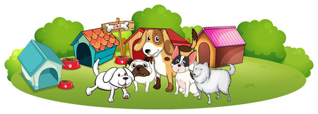Illustration of a group of dogs gathering in front of their house on a white backgroundのイラスト素材