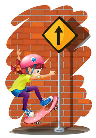 Illustration of a girl skateboarding near the signboard on a white backgroundのイラスト素材
