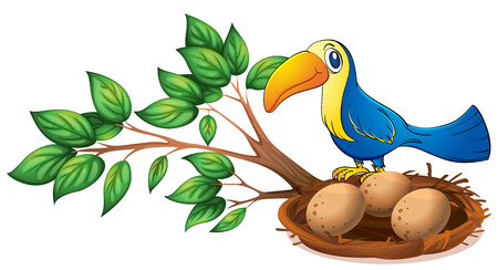 Illustration of a blue bird above the branch of a tree on a white backgroundのイラスト素材