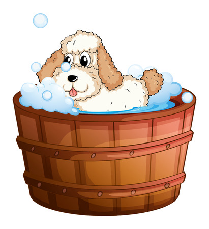 Illustration of a brown bathtub with a dog taking a bath on a white backgroundのイラスト素材