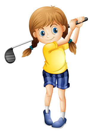 Illustration of a sporty girl playing golf on a white backgroundのイラスト素材