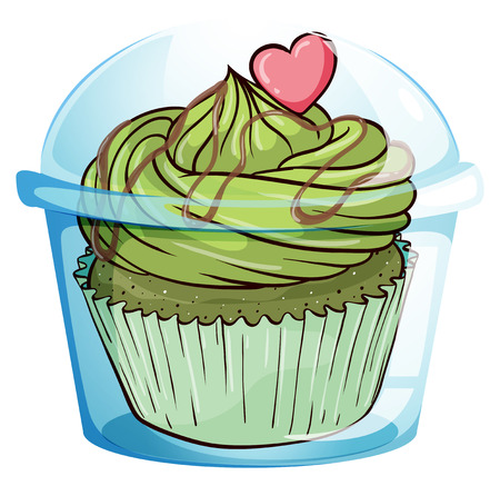 Illustration of a cupcake with a green icing and a pink heart on a white backgroundのイラスト素材