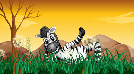 Illustration of a zebra resting at the grassland near the big rocksのイラスト素材