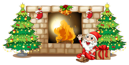 Illustration of a happy Santa near the fireplace on a white backgroundのイラスト素材