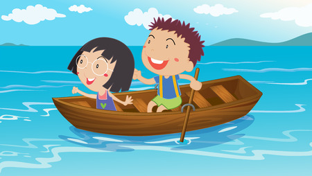 Illustration of a boy and a girl boatingのイラスト素材