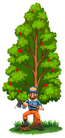 Illustration of a lumberjack under the tall tree on a white backgroundのイラスト素材