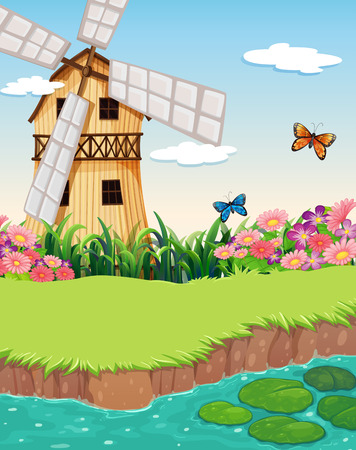 Illustration of a barnhouse with a windmill near the riverのイラスト素材