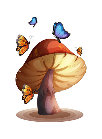Illustration of a big mushroom with butterflies on a white backgroundのイラスト素材